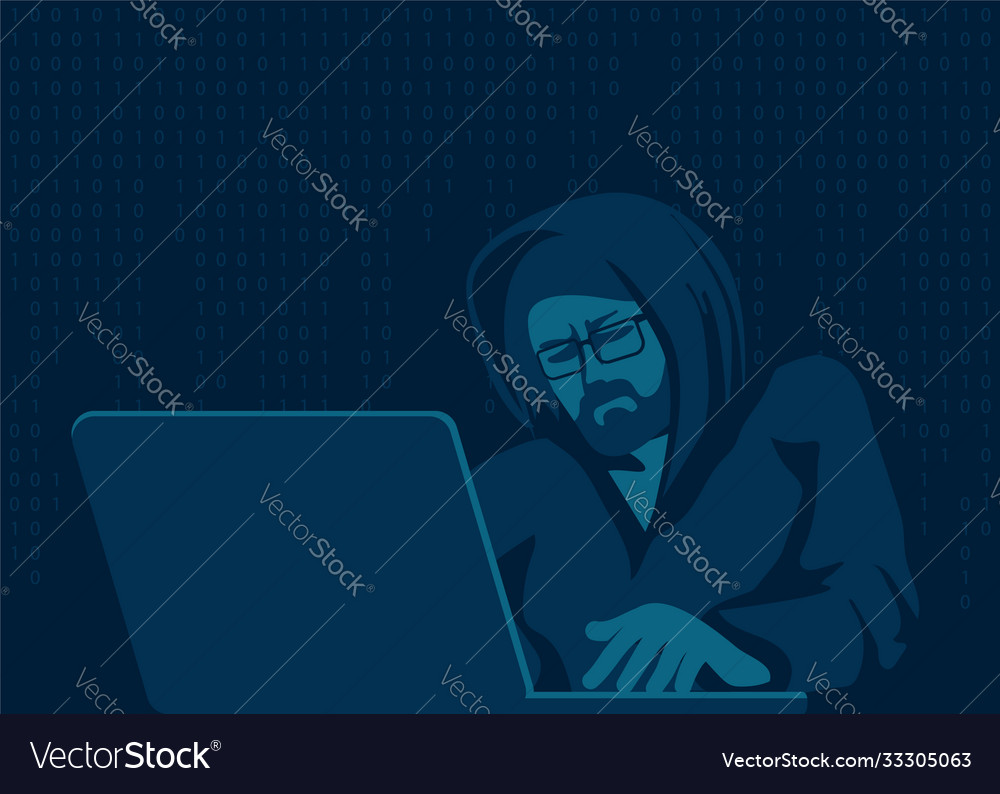 A hacker with laptop breaks computer code