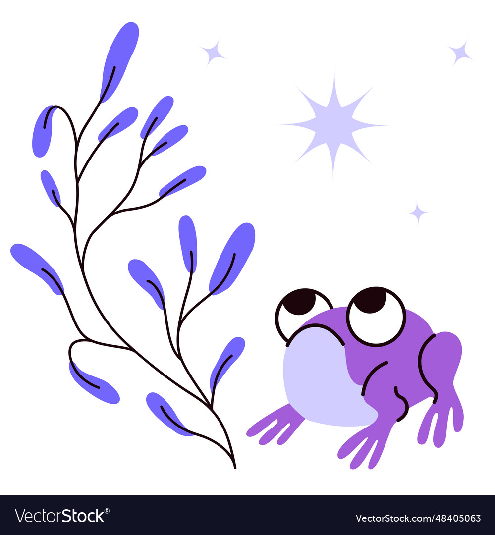 Cute cartoon frog with a twig on background