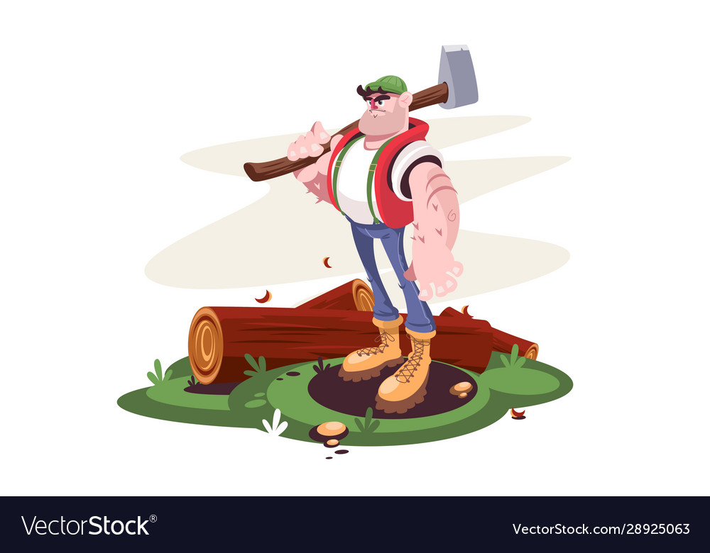 Lumberjack Male With Axe And Downed Log In Forest Vector Image