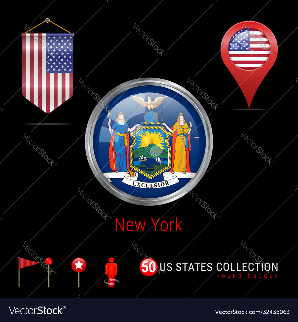 Round chrome badge with new york us state flag