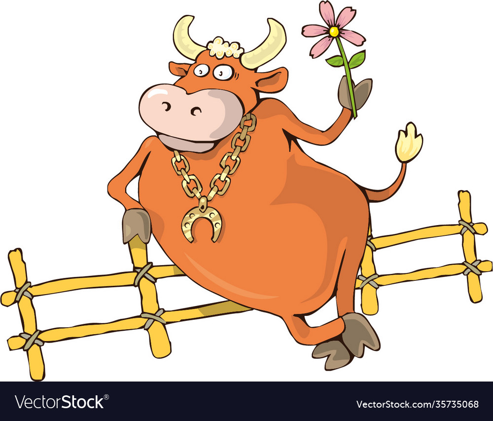 A cool fashionable bull stands and holds flower