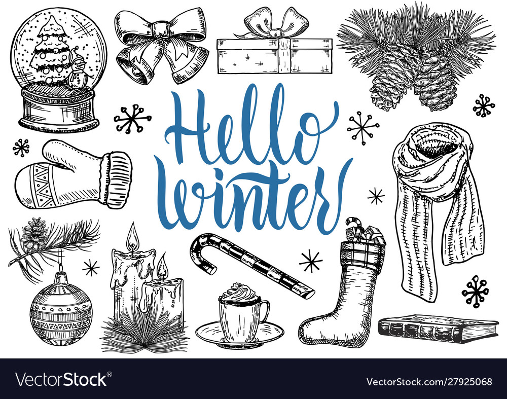 Hello winter sketch symbols christmas set