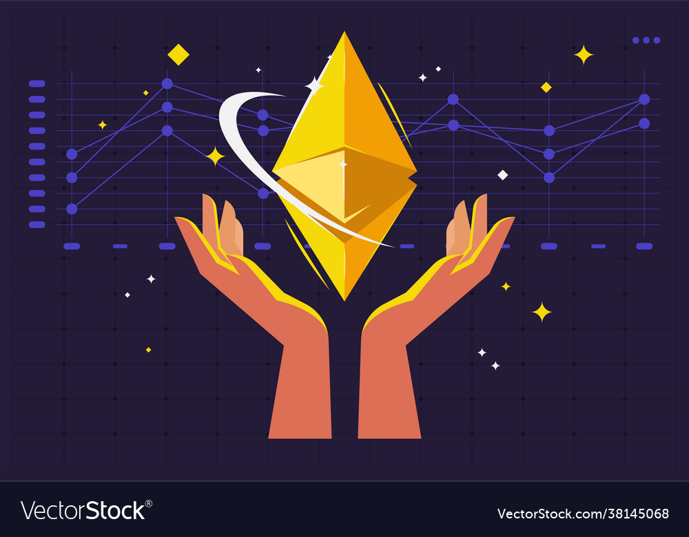 Two hands holding a gold coin ethereum vector image Two hands holding a gold coin ethereum