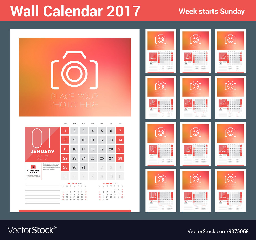 Wall calendar planner print template for 2017 year