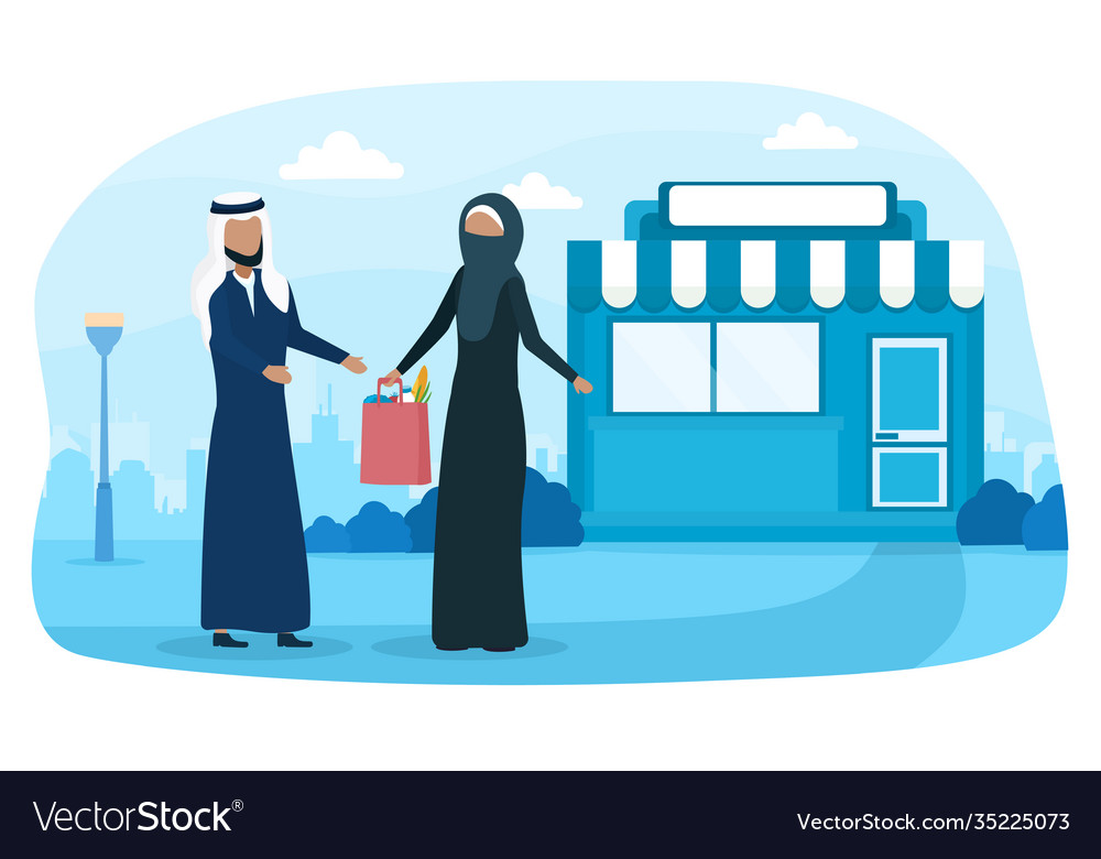 Arab family is standing near grocery store