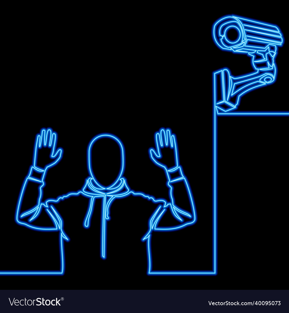 Continuous line thief with security camera neon vector image Continuous line thief with security camera neon