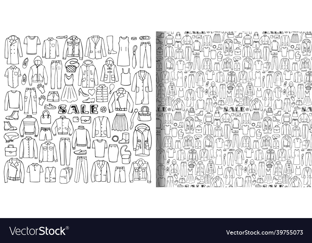 Hand drawn clothes sale set and seamless pattern