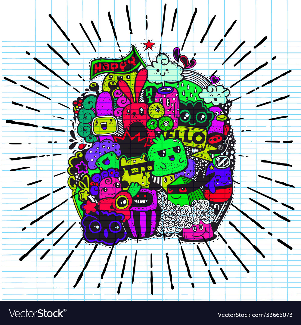 Hipster hand drawn happy doodle monster group Vector Image