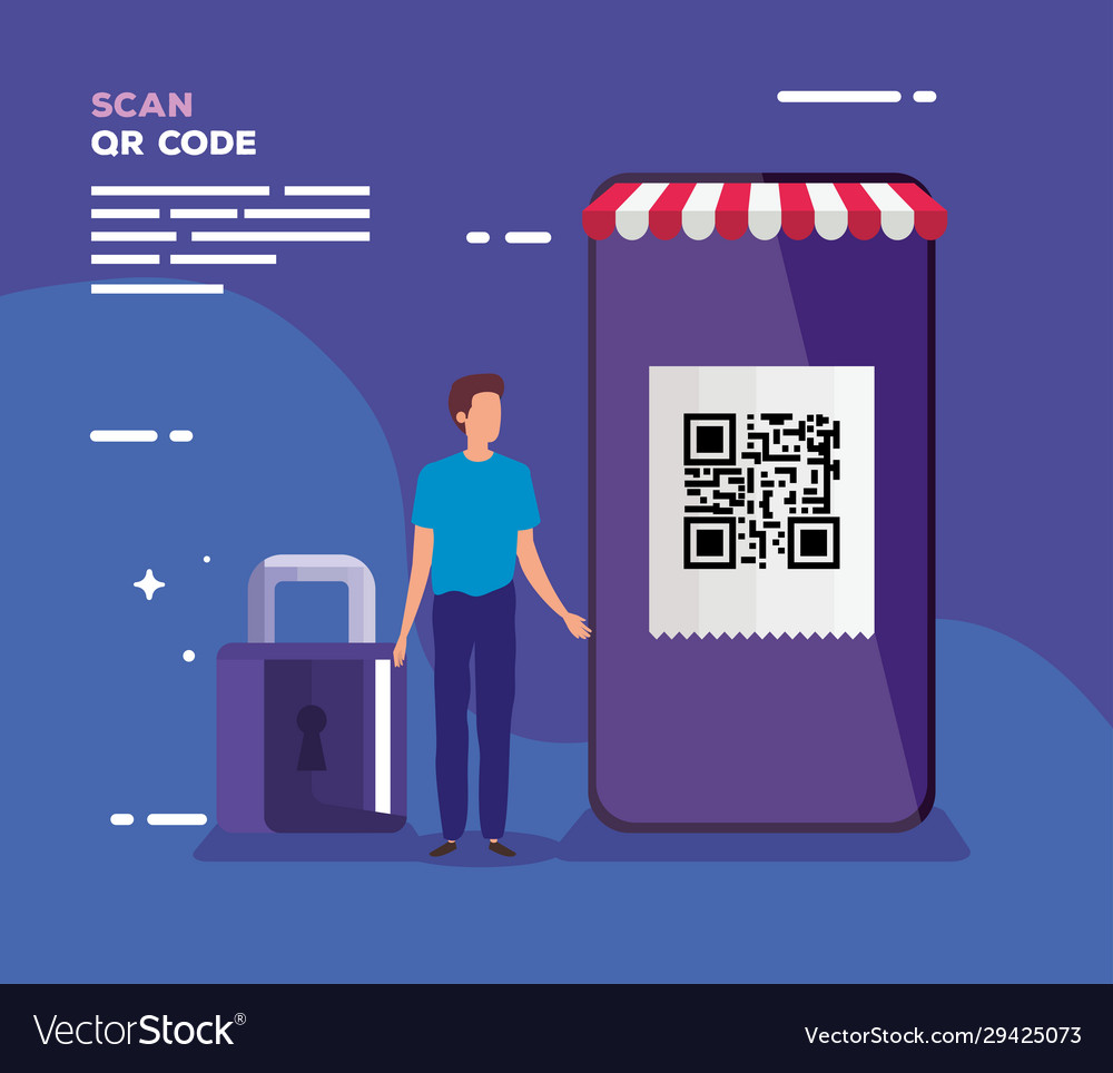 Smartphone scan code qr with business man vector image Smartphone scan code qr with business man