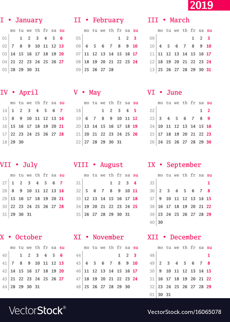 Calendar For 2019 Year With Week Numbers On White Vector Image