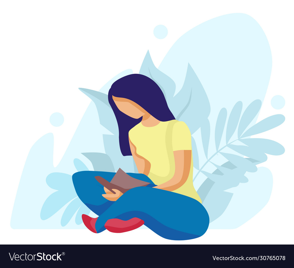 Flat girl sitting reading a book deep background