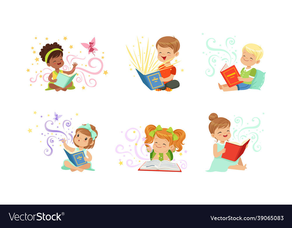 Adorable children reading fairytale fantasy books Vector Image