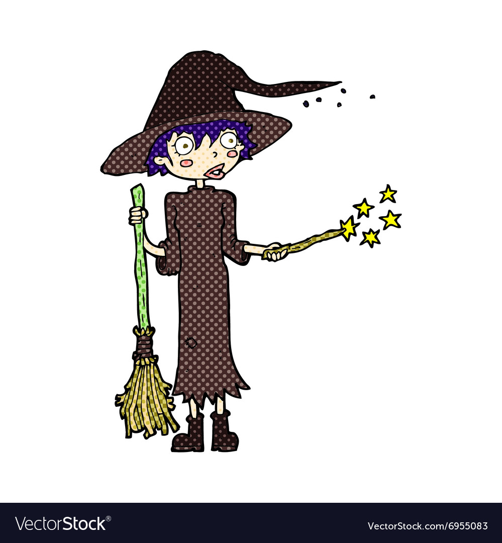 Comic cartoon witch casting spell