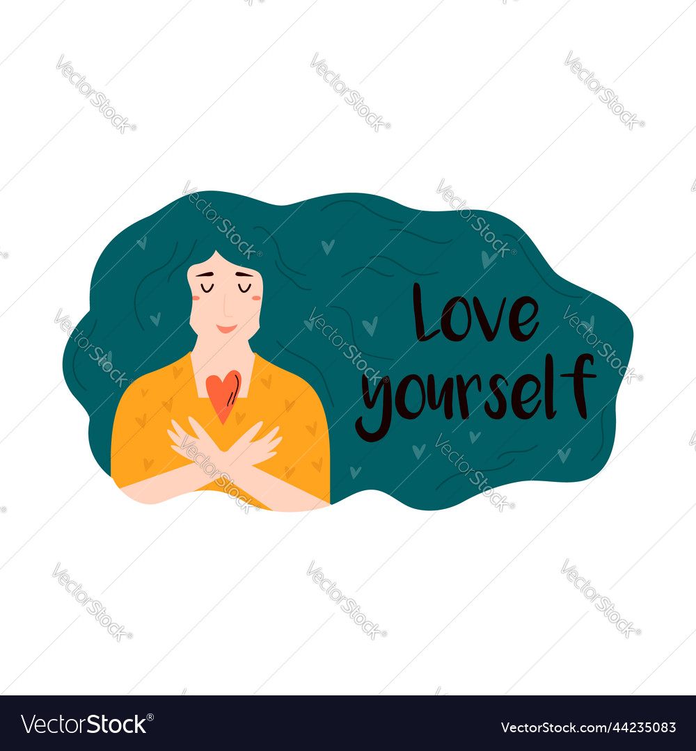 Girl with a gorgeous hair and text love yourself Vector Image