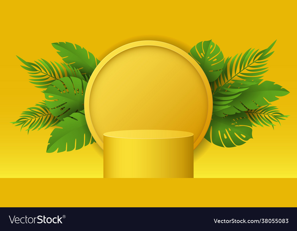 Tropical podium and exotic plants with yellow wall