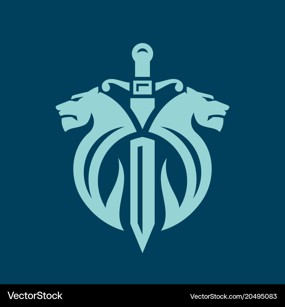 Two lions and sword sign Royalty Free Vector Image