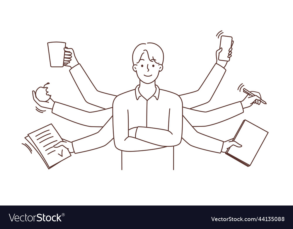 Businessman with numerous tasks multitask vector image Businessman with numerous tasks multitask