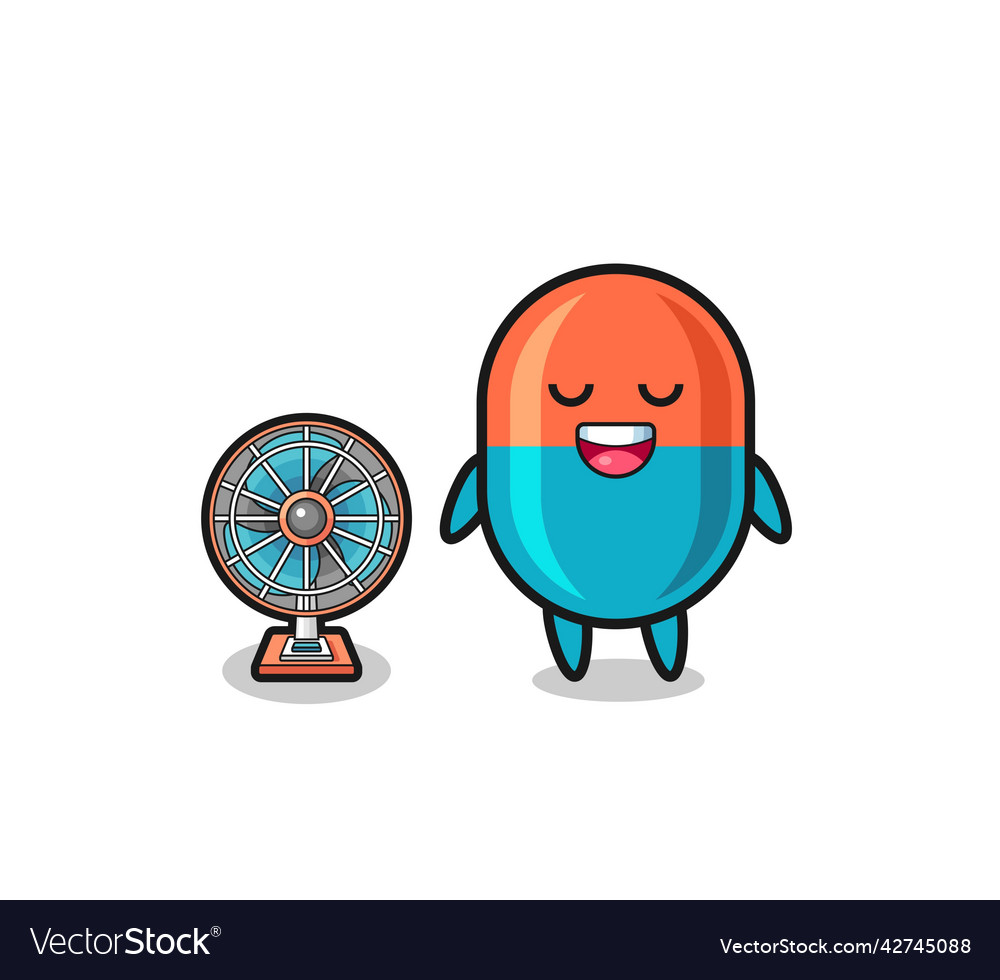 Cute capsule is standing in front of the fan