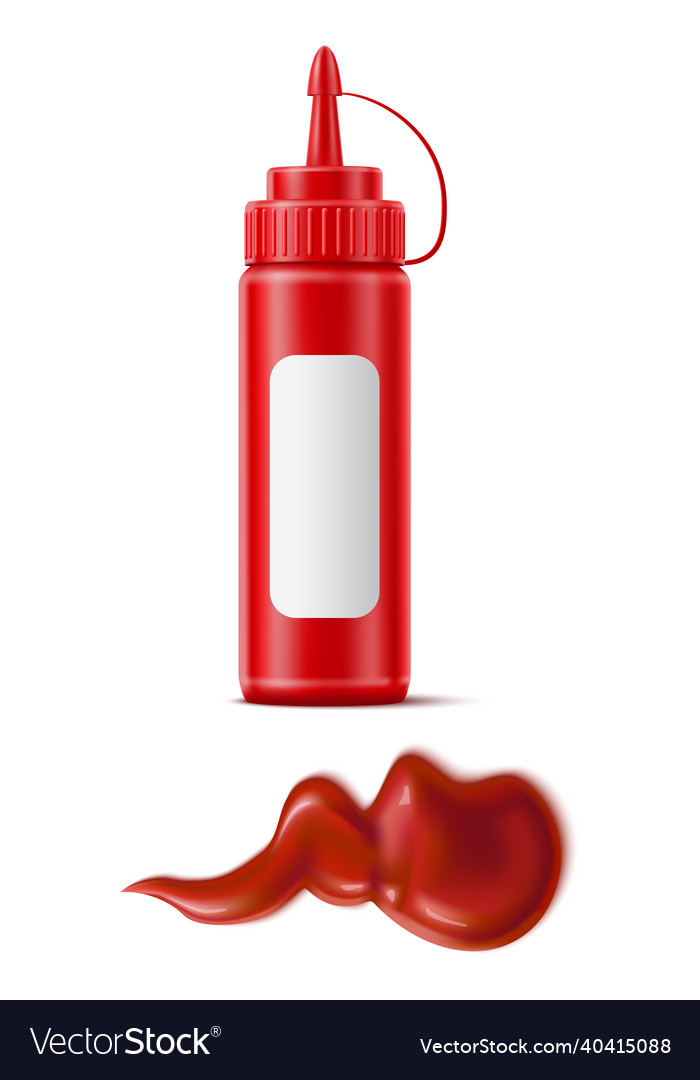 Ketchup bottle mockup with sauce spot red hot Vector Image