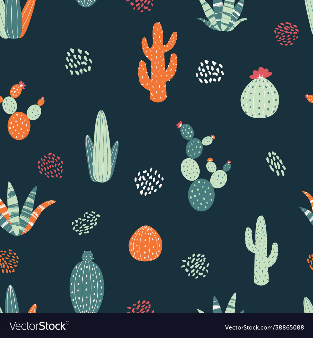 Seamless pattern with cactus on black background vector image Seamless pattern with cactus on black background