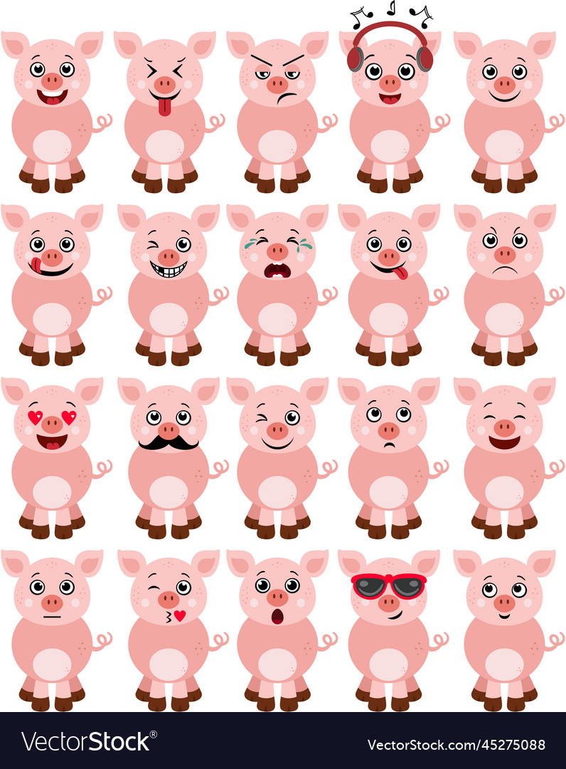 Set of a cute pig with different expressions vector image Set of a cute pig with different expressions