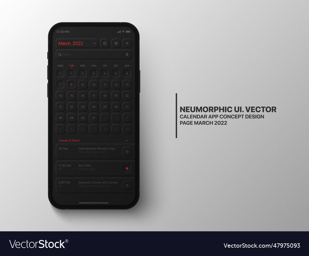 Calendar mobile app page march with task manager