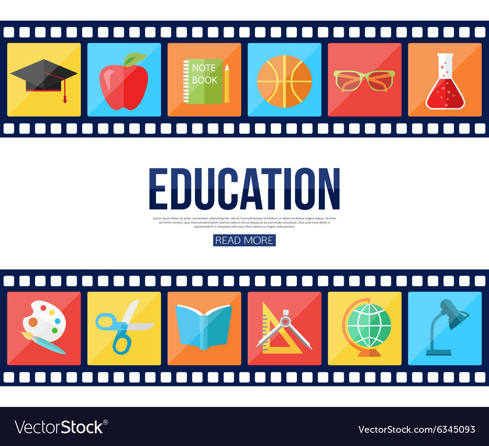 Film strips and set of flat school education icons