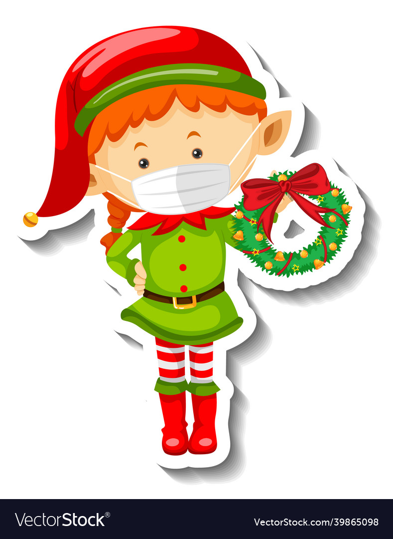 A sticker template with cute elf wearing mask vector image A sticker template with cute elf wearing mask