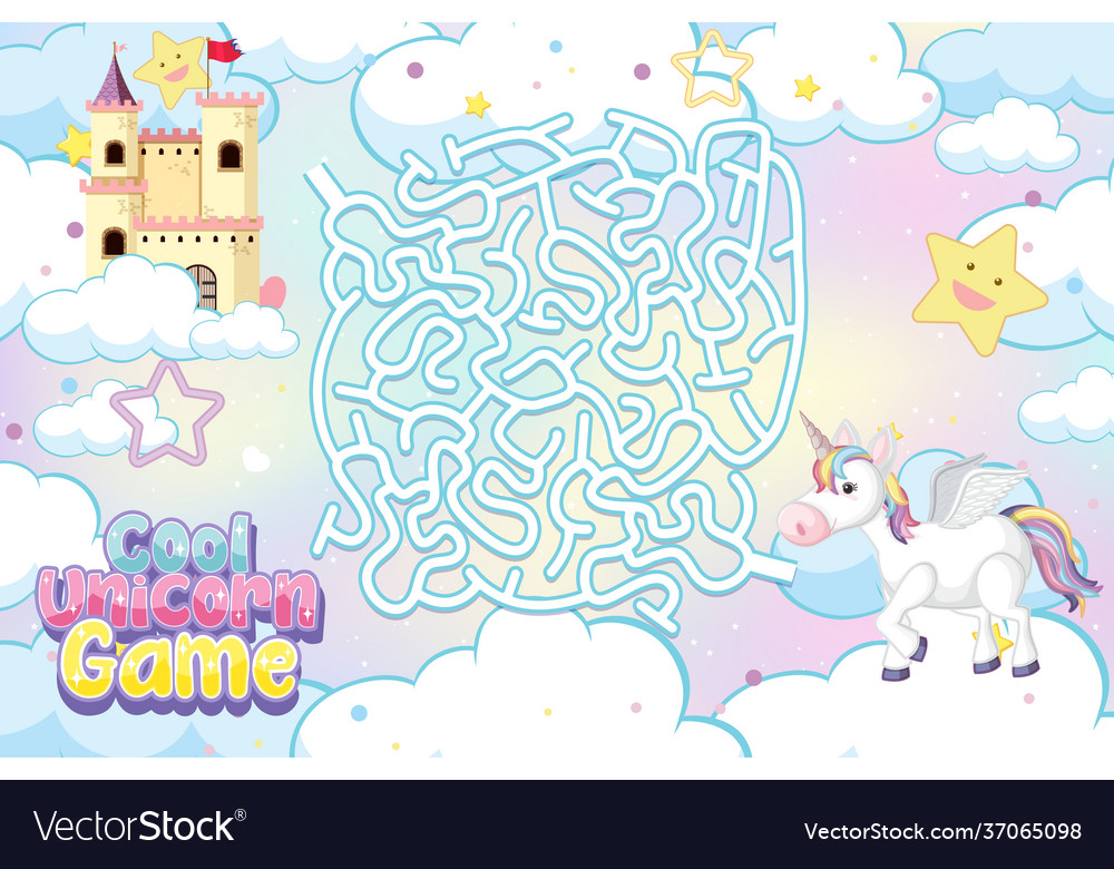 Maze puzzle game activity for children in unicorn vector image Maze puzzle game activity for children in unicorn