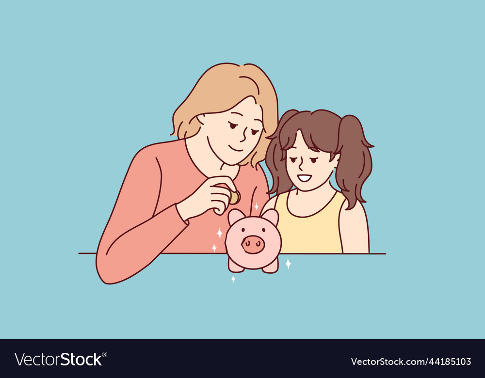 Mother and daughter put coin in piggybank