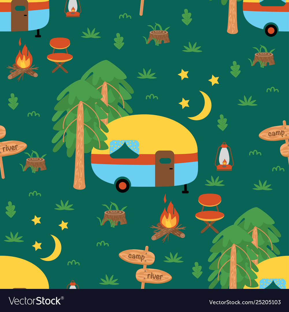 Seamless pattern with camping trailer in night Vector Image