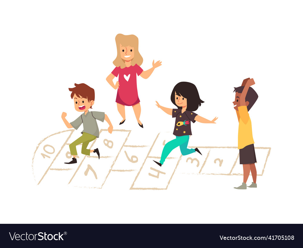 Active children playing hopscotch together flat Vector Image