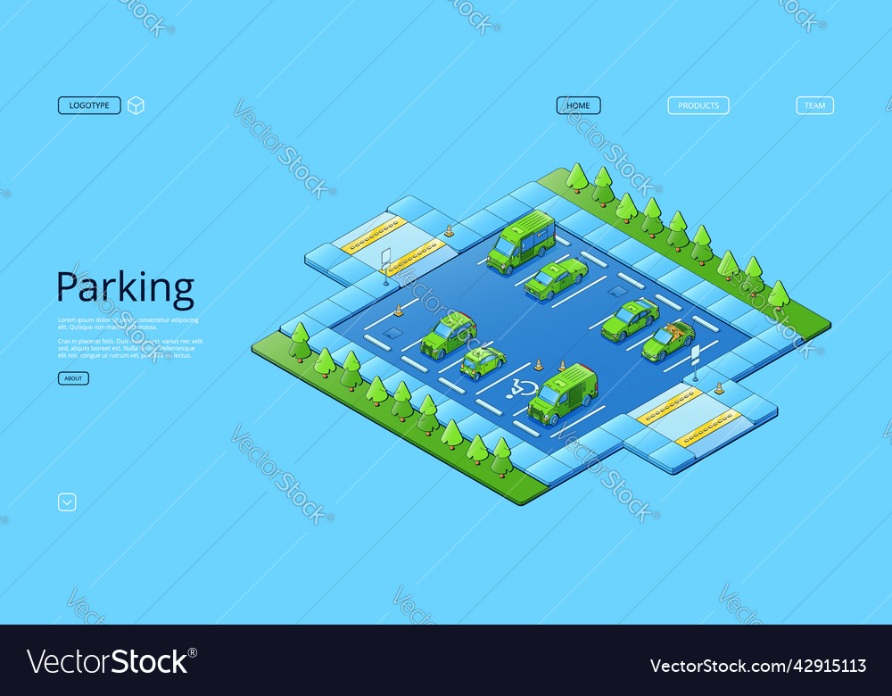 Isometric parking with cars trees and road signs Vector Image