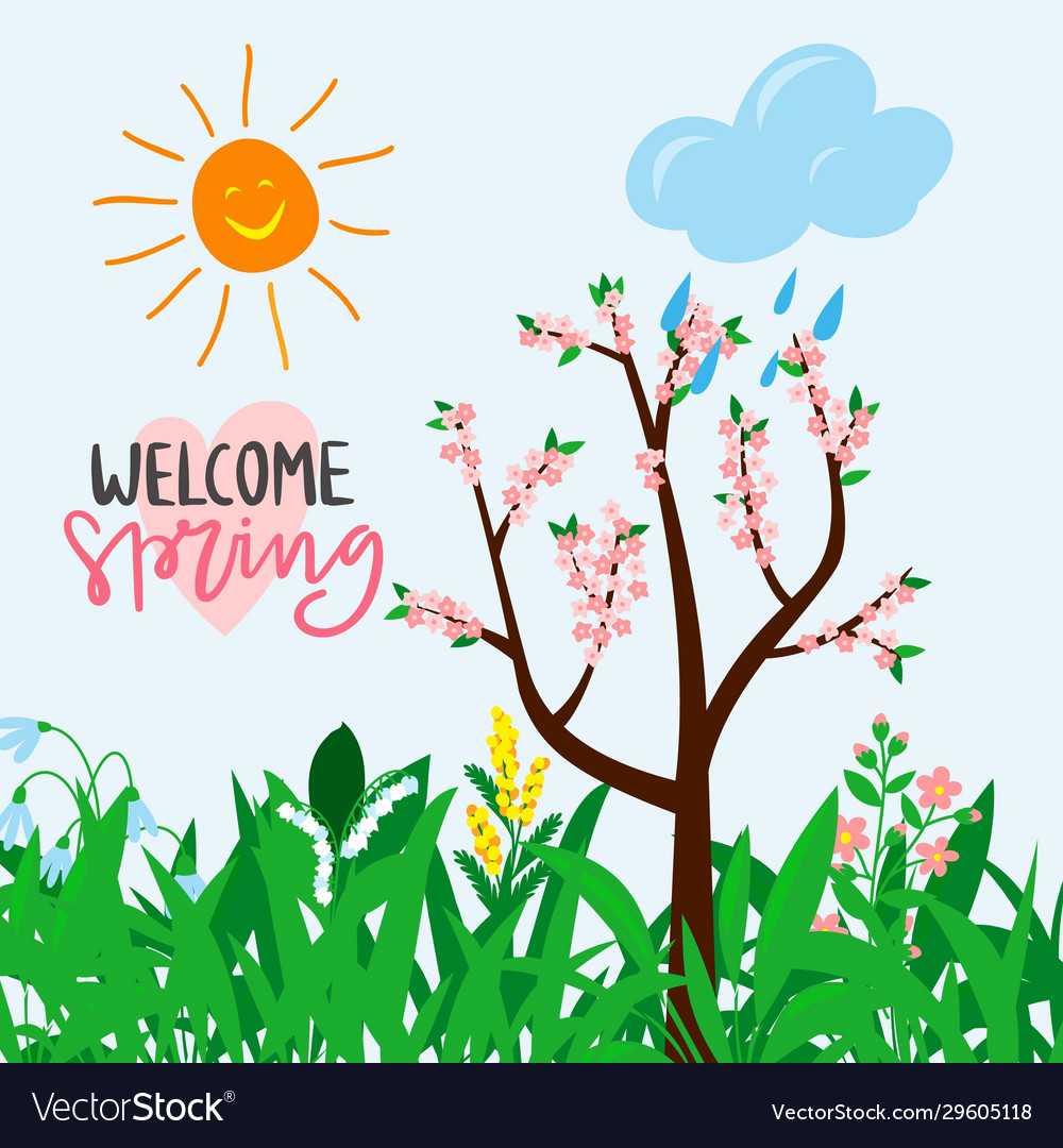 Welcome spring text for warm season postcard