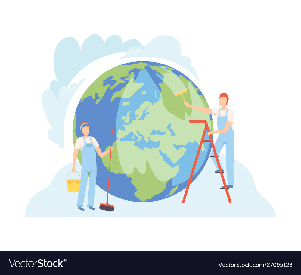 Professional cleaners cleaning earth planet