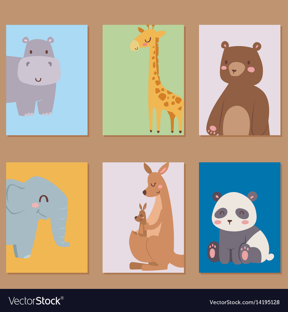 Cute zoo cartoon animals cards funny wildlife Vector Image Cute zoo cartoon animals cards funny wildlife Vector Image