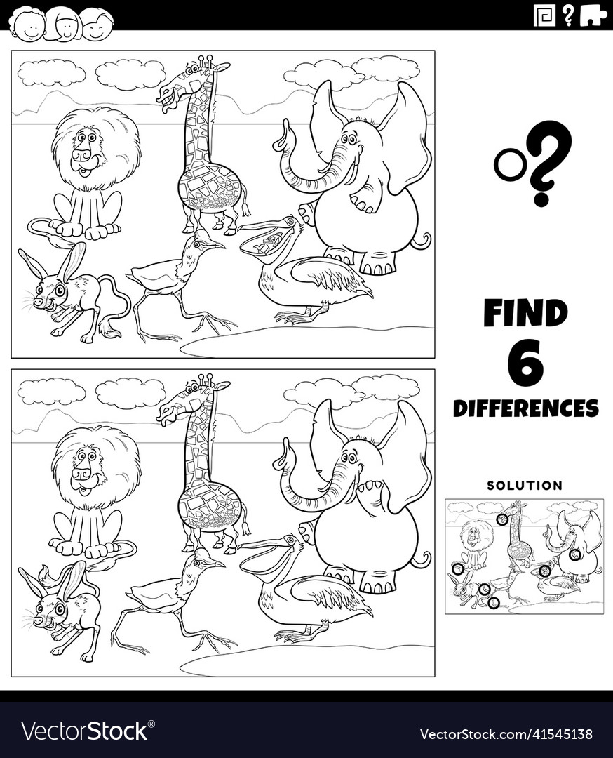 Differences game with comic animals coloring book Vector Image