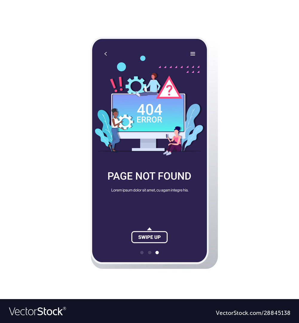 Mix race people using computer app 404 page vector image Mix race people using computer app 404 page