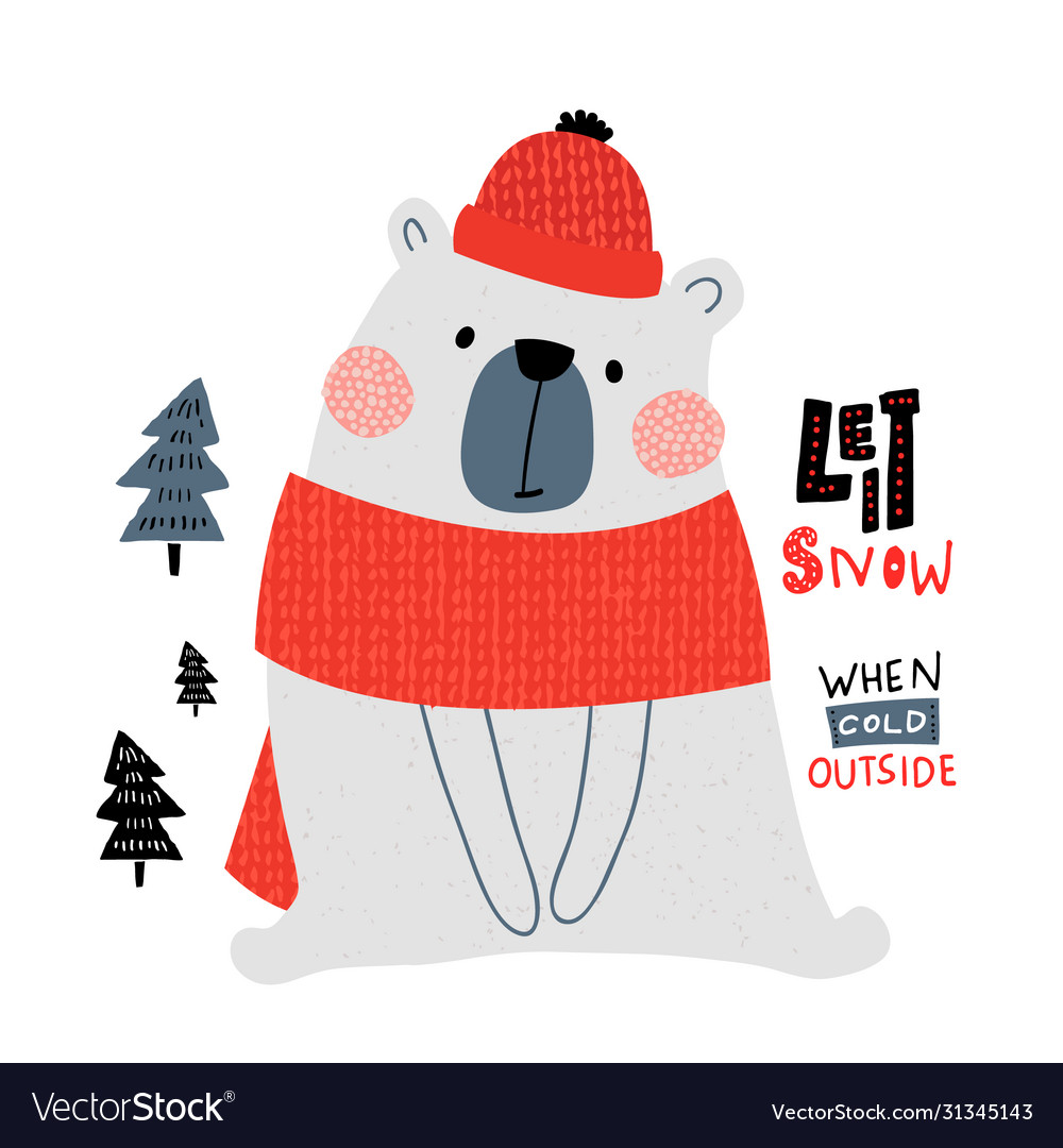 Cute winter bear in hat ans scarf holiday