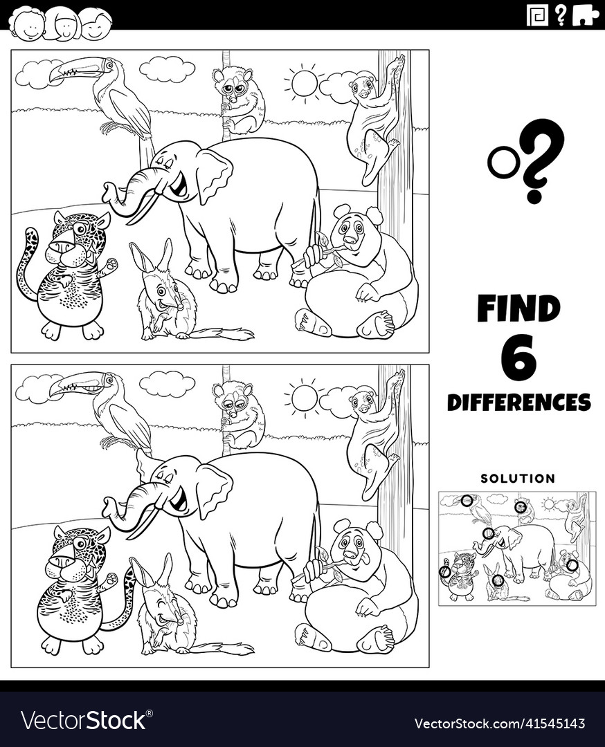 Differences Task With Cartoon Wild Animals Vector Image