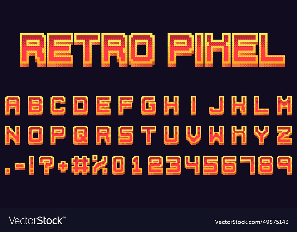 Retro pixel game font arcade 16-bit 3d Royalty Free Vector