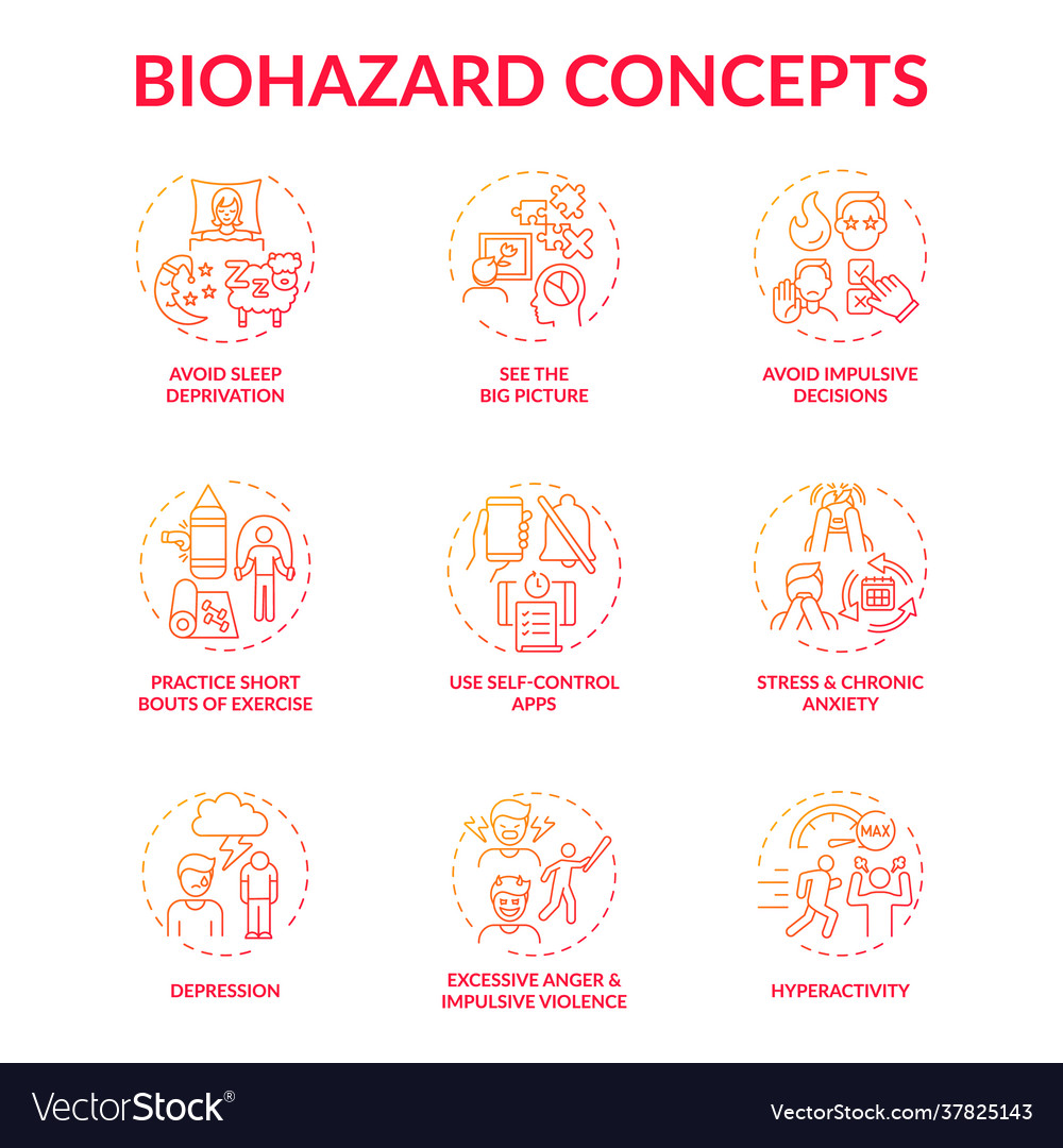 Self control red gradient concept icons set vector image Self control red gradient concept icons set