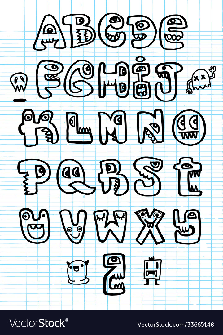 Hand drawn funny monster alphabet isolated