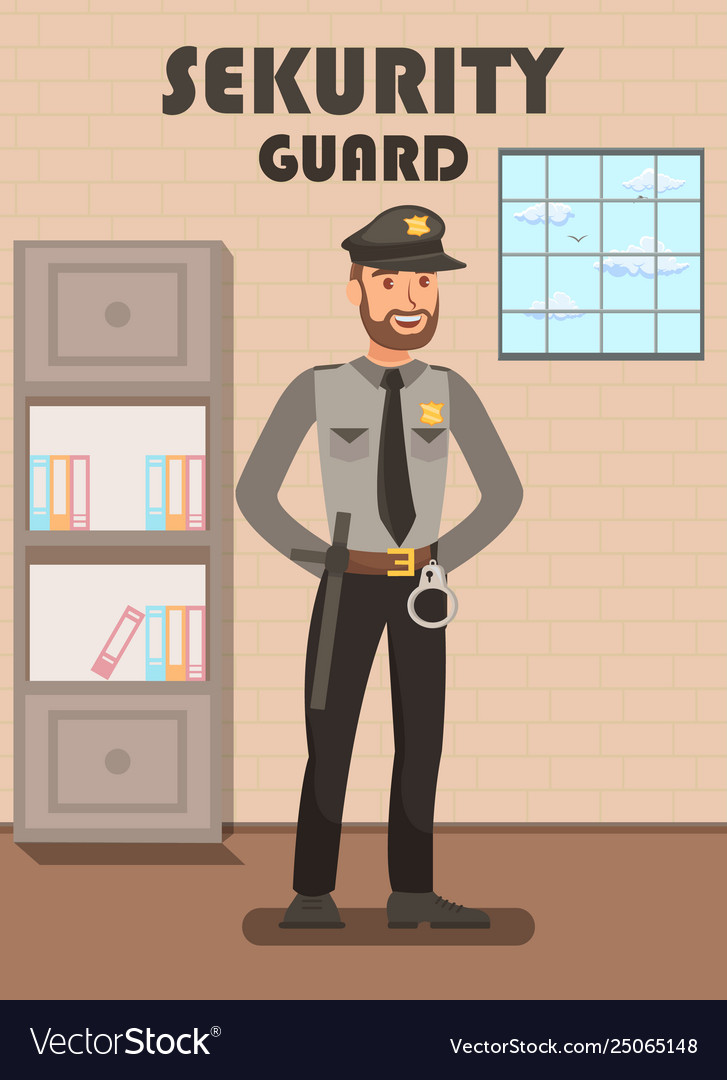 Security guard in uniform flat poster template Vector Image