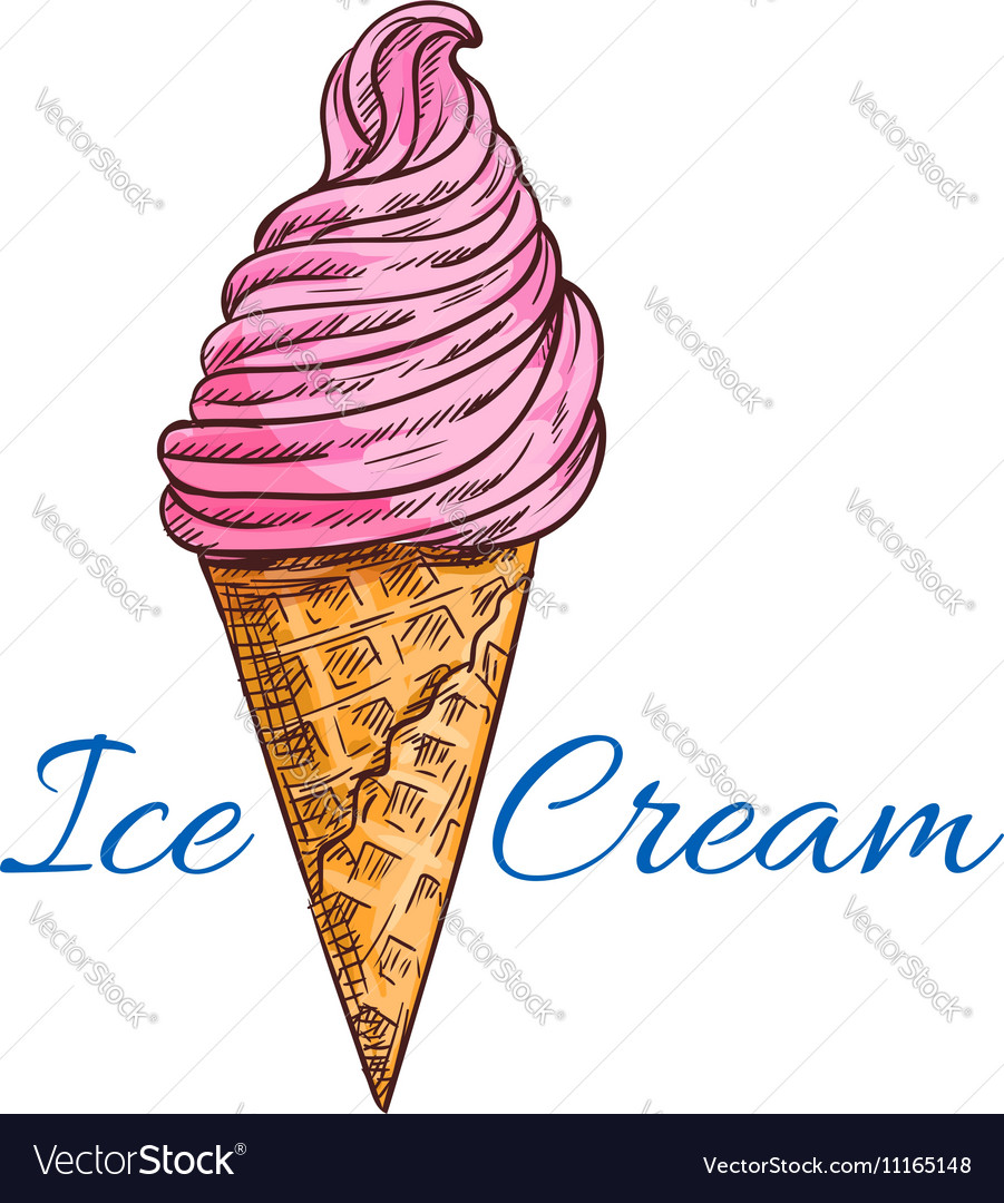 Strawberry Ice Cream In Waffle Cone Sketch Vector Image