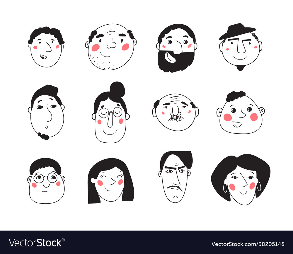 Various faces people sketch line art hand