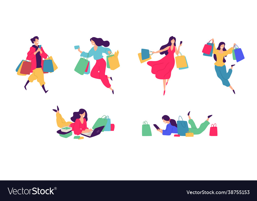 Cheerful shoppers characters happy people vector image Cheerful shoppers characters happy people