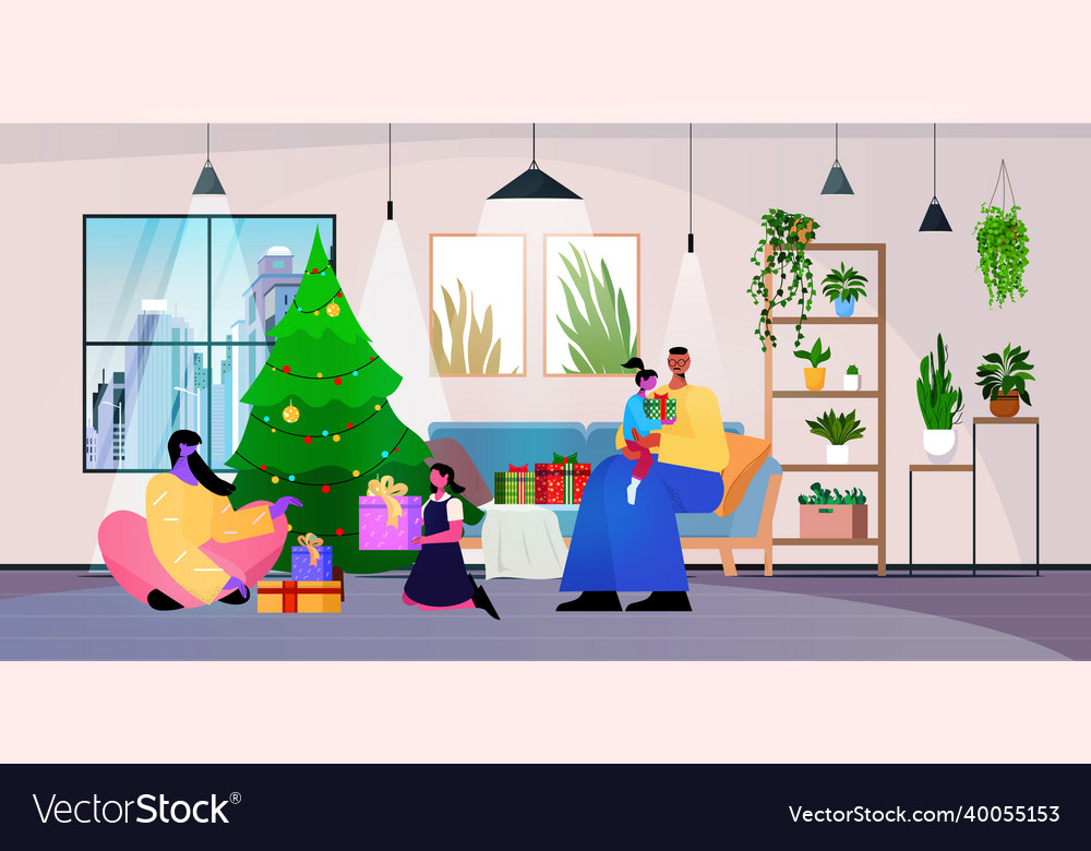 Family holding wrapped gift boxes happy new year Vector Image