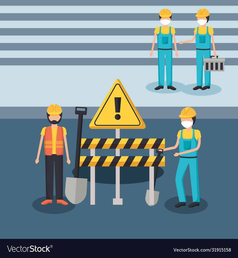 Builder men with masks and barrier design