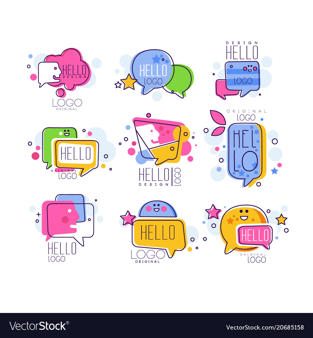 Hello logo templates set bright badges Royalty Free Vector